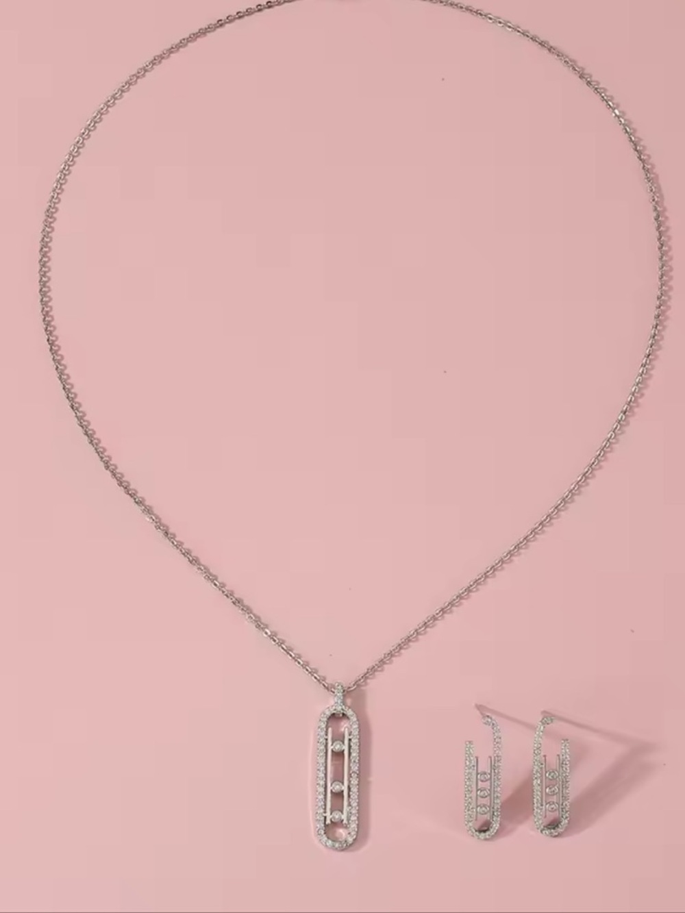 Silver Crystal Bar Pendant Necklace with Matching Drop Earrings